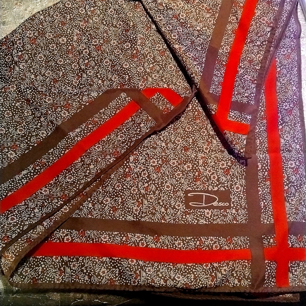 Vintage Desco Scarf Square Brown Cream 100% Silk Floral Striped 27"